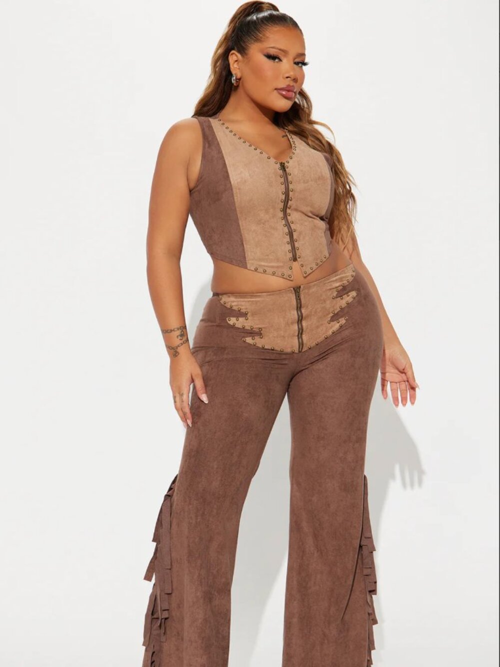 Howdy Partner Faux Suede Fringe Pant Set - Brown